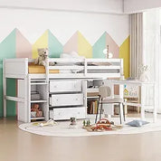 Playful Design Full Size Low Loft Bed with Slide and 3 Storage Drawers, Multiple Functions Wooden Loft Bed Frame with 2 Doors fo
