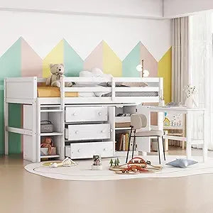 Playful Design Full Size Low Loft Bed with Slide and 3 Storage Drawers, Multiple Functions Wooden Loft Bed Frame with 2 Doors fo