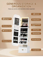 Rotatable Full-Length Mirror Jewelry Cabinet with RGB Lights & 360° Swivel – White