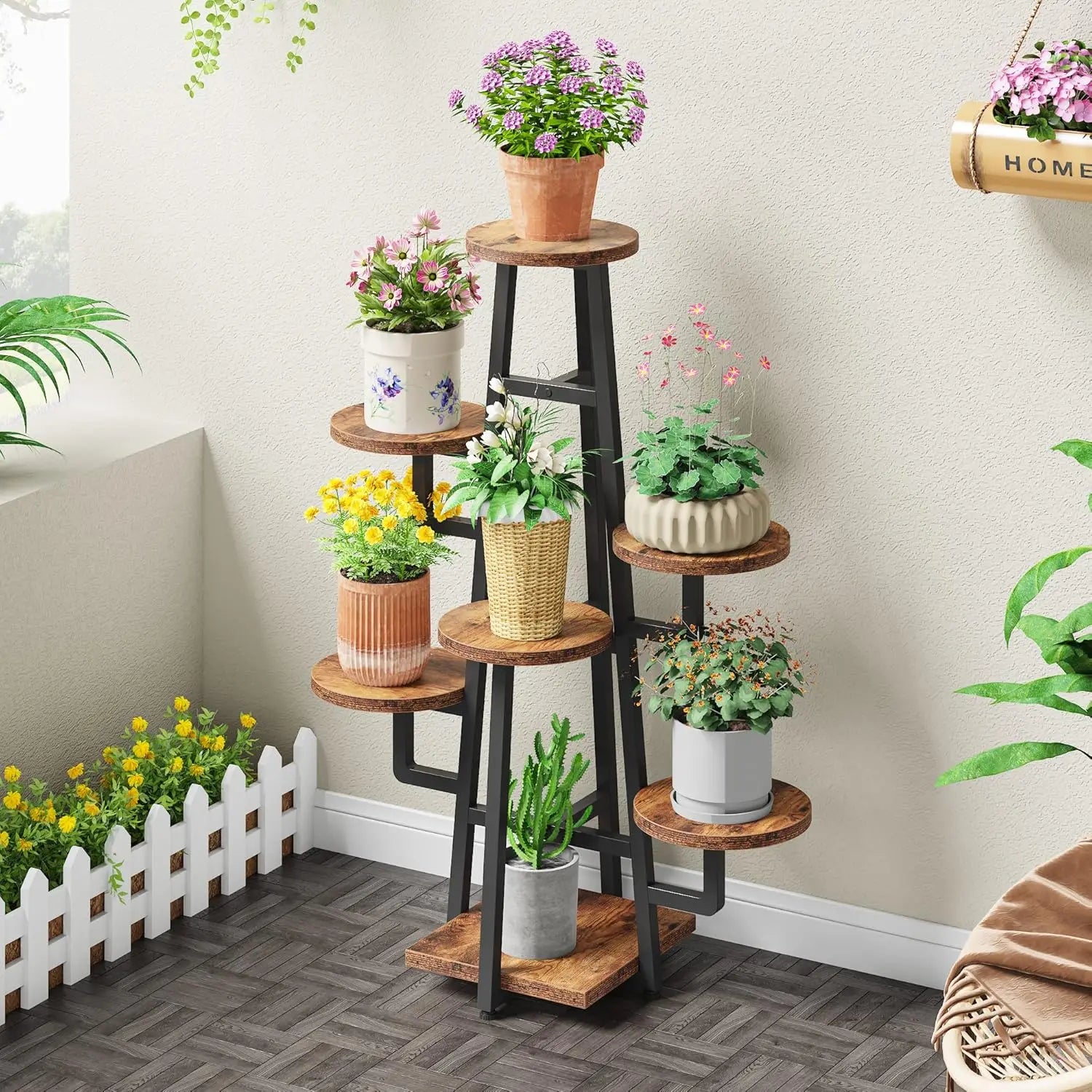 7 Tier Display Stand, Wooden Corner Plant Pots Holder  ,Tall Shelf Planter Organizer for Living Room Balcony Garden
