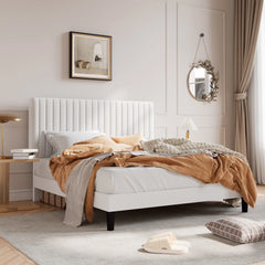 Upholstered Platform Bed Frame with Vertical Channel Tufted Velvet Fabric Adjustable Headboard
