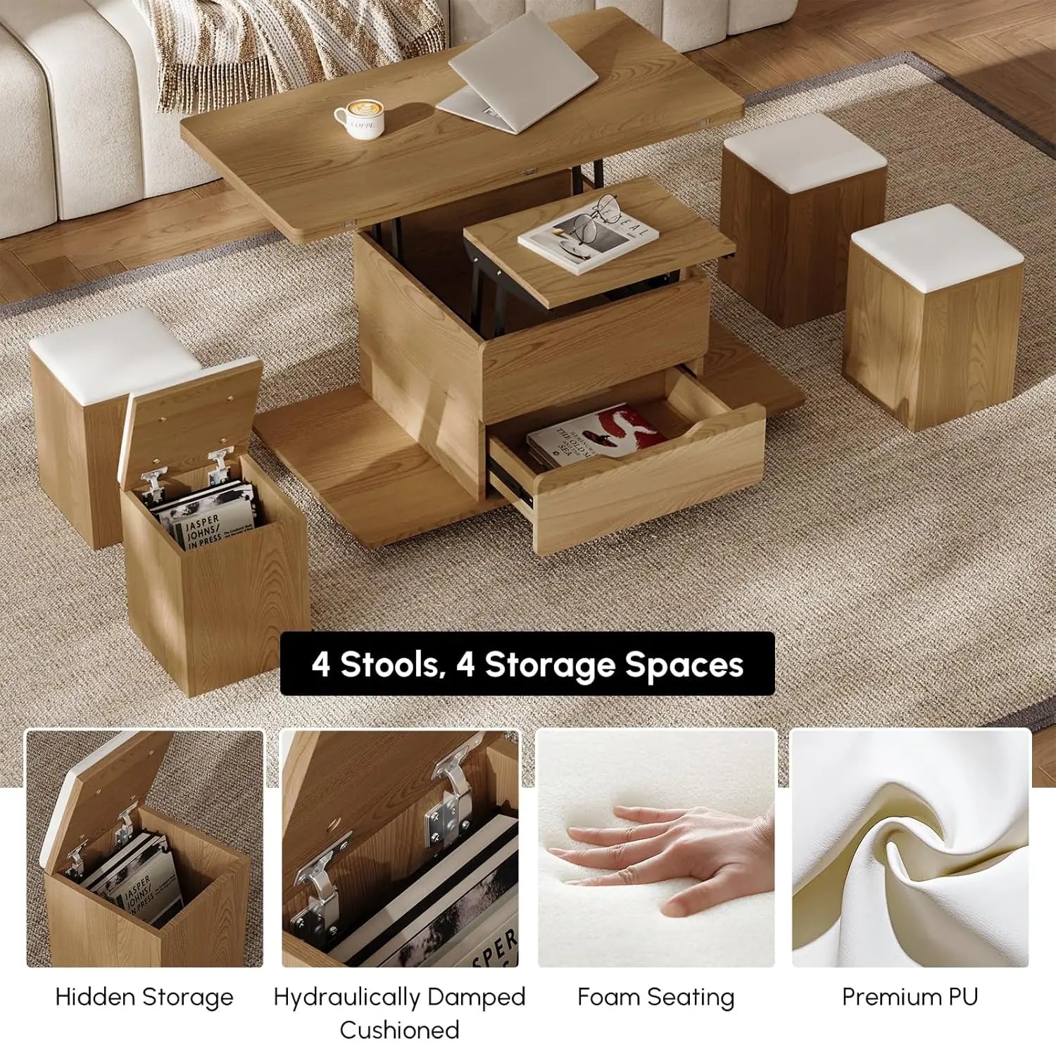 FurnishSpot Natural Lift-Top Coffee Table with Hidden Storage | 3-in-1 Multifunction Center Table with 4 Stools