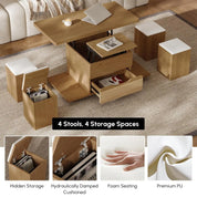 FurnishSpot Natural Lift-Top Coffee Table with Hidden Storage | 3-in-1 Multifunction Center Table with 4 Stools