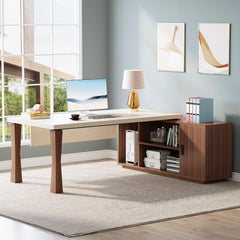 71-Inch Executive Desk, L-Shaped Desk , Large Office Desk,Writing Table Desk Business Furniture Set for Home Office, Cream White