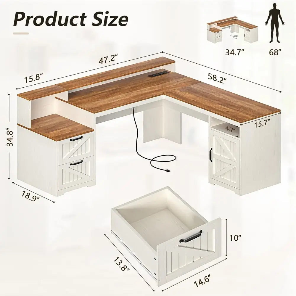 FurnishSpot SpaceSmart™ L-Shaped Executive Desk with Storage & Power – Farmhouse Style