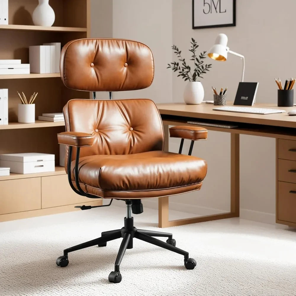 Ergonomic Home Office Chair, Mid-Century Modern Leather Chair with Lumbar Support, High Back Swivel Rolling Executive Chair
