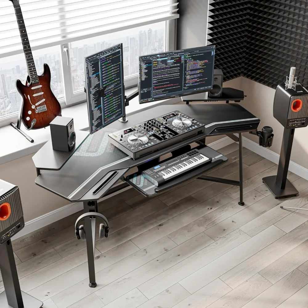 Aero Gaming Desk with Led Lights, 72" Large Wing-Shaped Studio Desk W Keyboard Tray Monitor Stand Dual Headphon
