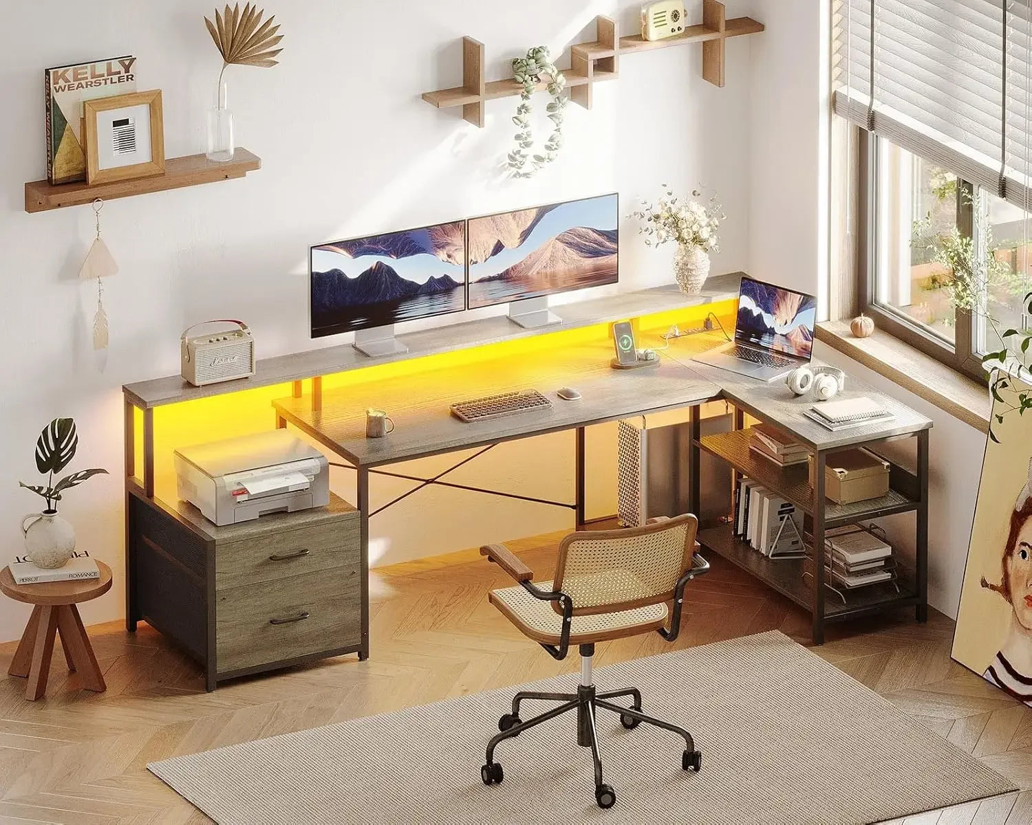 L Shaped Desk with File Drawer, 75" Reversible L Shaped Computer Desk with Power Outlet & LED Strip, Corner Desk, Grey Oak