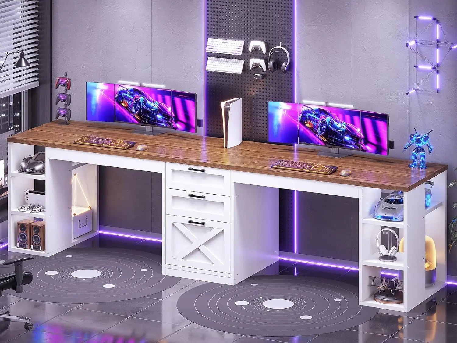 FurnishSpot™ SpaceSmart™ 96.5" Double Computer Desk with Drawers – 2 Person Gaming & Home Office Desk