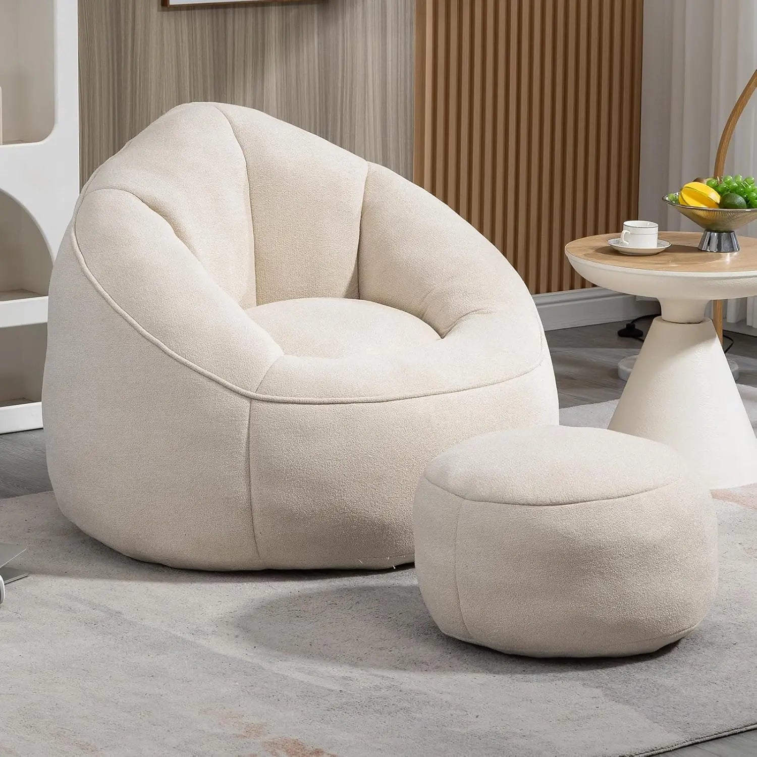 Bean Bag Chair for Adult, Microfiber Upholstered Bean Bag Sofa with Petal Back, Shell-Shaped Beanbag Chair with Footstool
