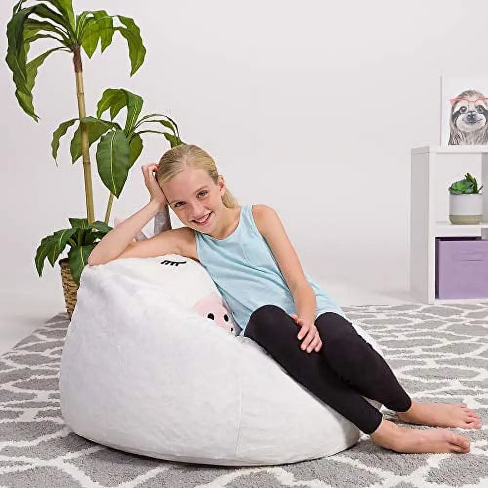 Cute Soft Furry Unicorn Bean Bag Chair Kids Plush Animal Furniture Comfortable Seating Removable Cover Safe Durable Kids Room