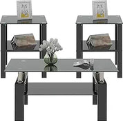 Black Glass Coffee Table Set of 3 Piece, Living Room Tables Set of 3 Pcs, Including 1 Coffee Table and 2 End Side Tables, Metal