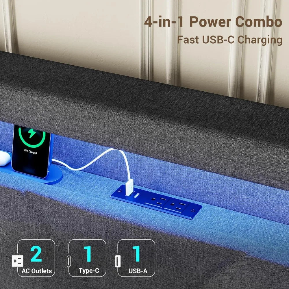 Queen Floating Bed Frame with RGB LED Lights Headboard, USB-C/A Power Combo, Linen Upholstered Platform Bed with Storage Headboa