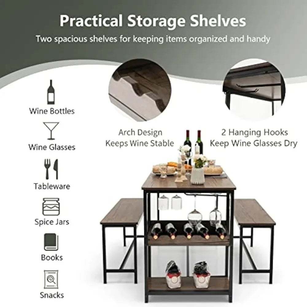 3-Piece Dining Table Set for 4, Rustic Pub Dining Table with 2 Benches, 2 Storage Shelves and Glass Holder, Breakfast Kitchen