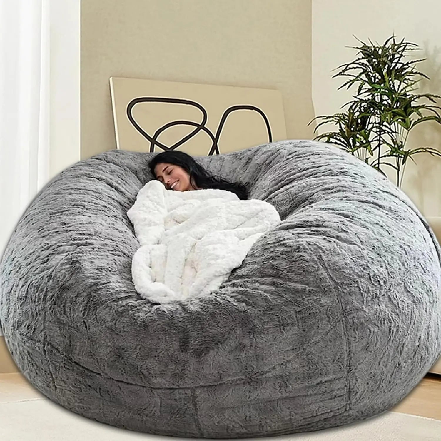 Bean Bag Chair. For Adults & Kids. Comfy Fluffy. Giant Round. Lazy Sofa Cover. Reading Chair. Floor Chair. 6FT. Grey.