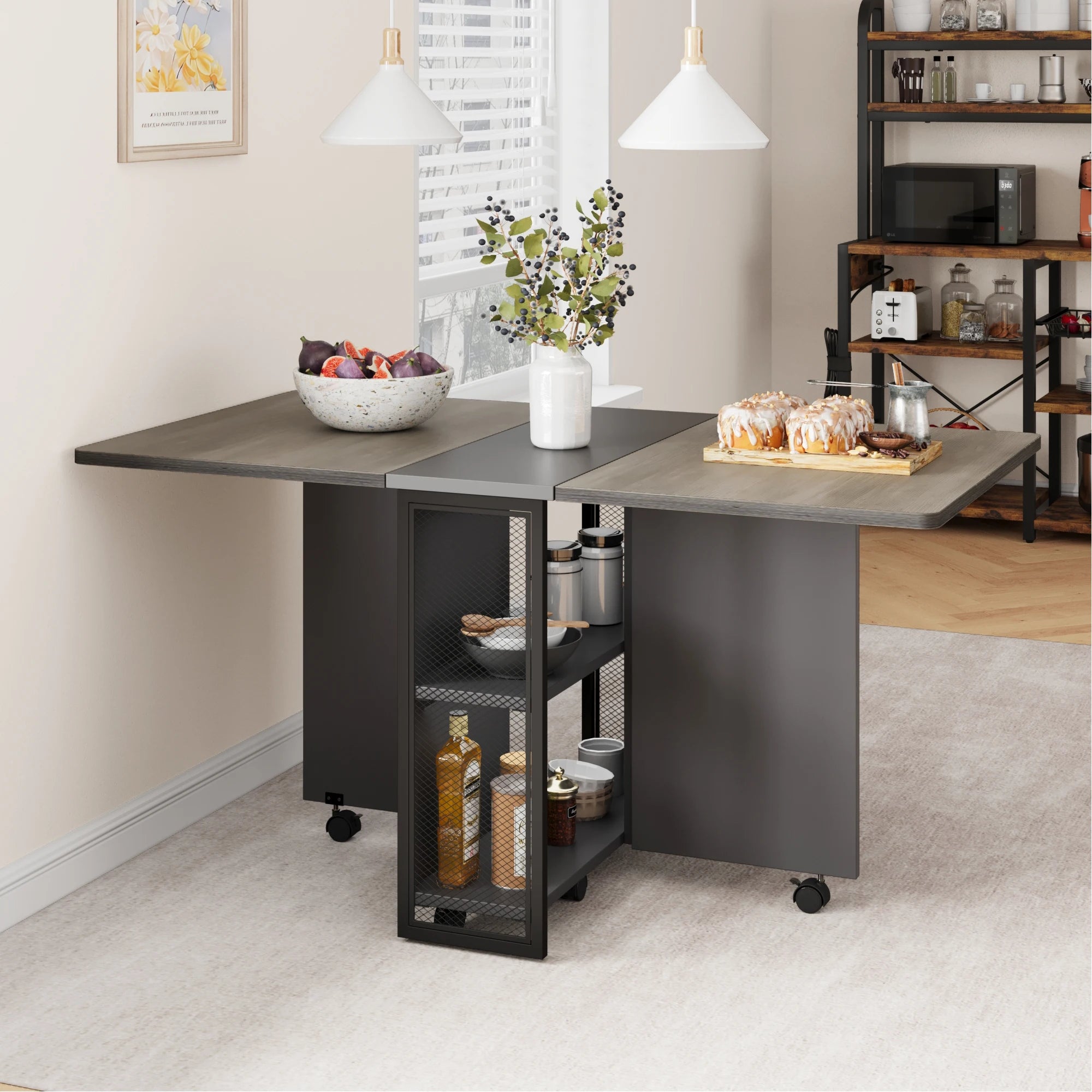 Folding Dining Table, Drop Leaf Dining Table for 4, Foldable Kitchen Table with 6 Wheels and 2 Storage Shelf, Space Saving