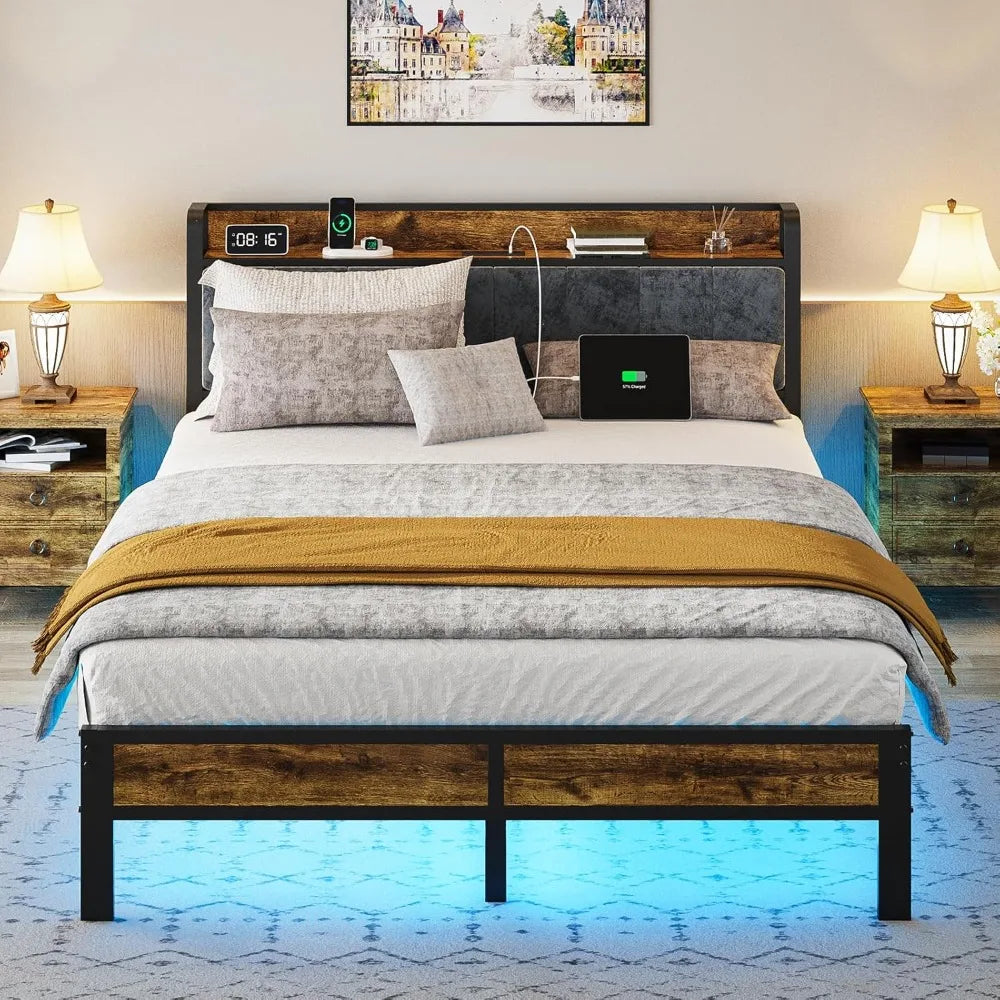 LED Queen size Bed Frame with Headboard, Metal Platform Bed with USB Charging Station, Easy Assembly, No Box Spring Needed