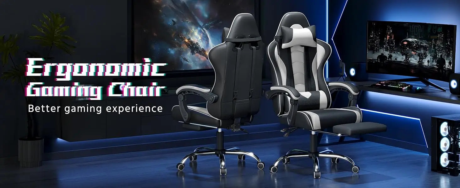 Gaming Chair w/ Massage Lumbar Support & Footrest