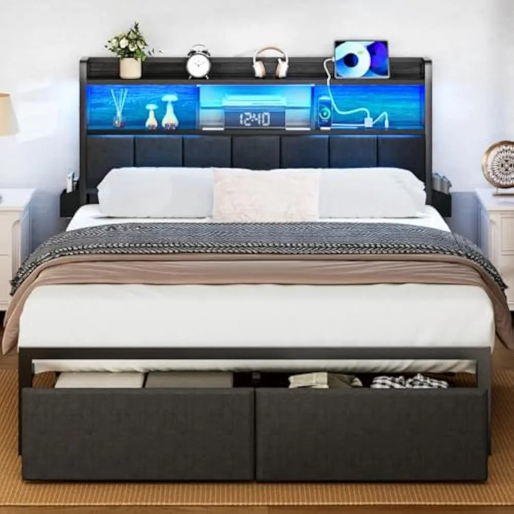 LED Queen Size Bed Frame with Storage Drawer and Charging Station