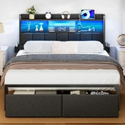 LED Queen Size Bed Frame with Storage Drawer and Charging Station