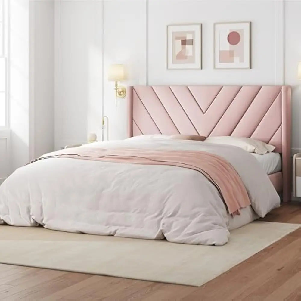 Bed Frame Upholstered Platform Bed w/Wing Side/Wooden Slat Support/Tufted Headboard w/Wing Side, No Box Spring Needed
