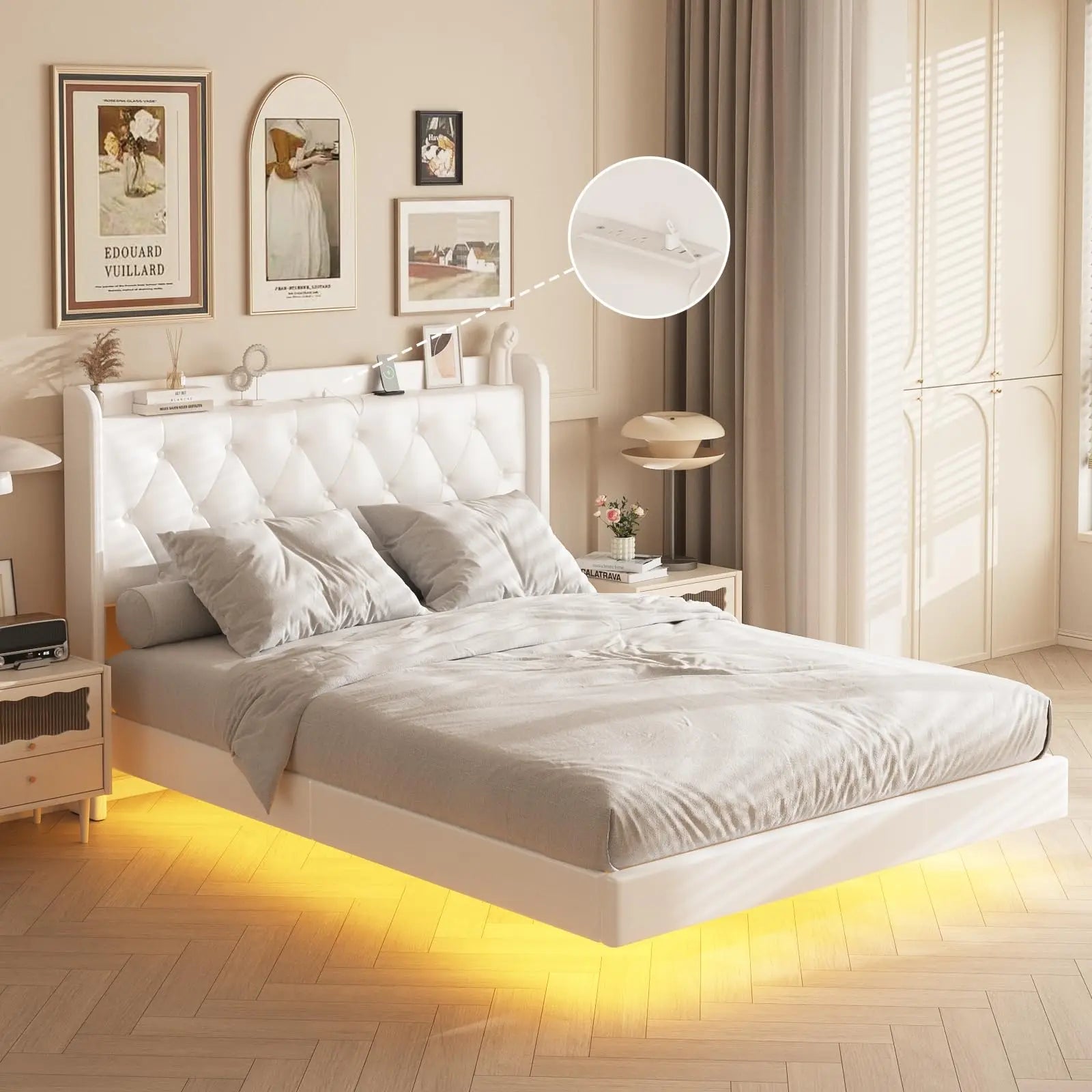 Vabches Floating Queen Bed Frame with LED Lights Upholstered PU Leather Platform Bed Frame with Power Outlet Storage Headboard