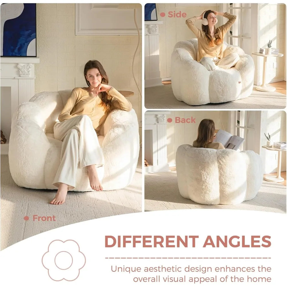 Bean Bag Chair for Adults, Floral Shaped Bean Bag Sofa, Ultra Soft Faux Fur Floor Sofa, Large Reading Chair for Living Room