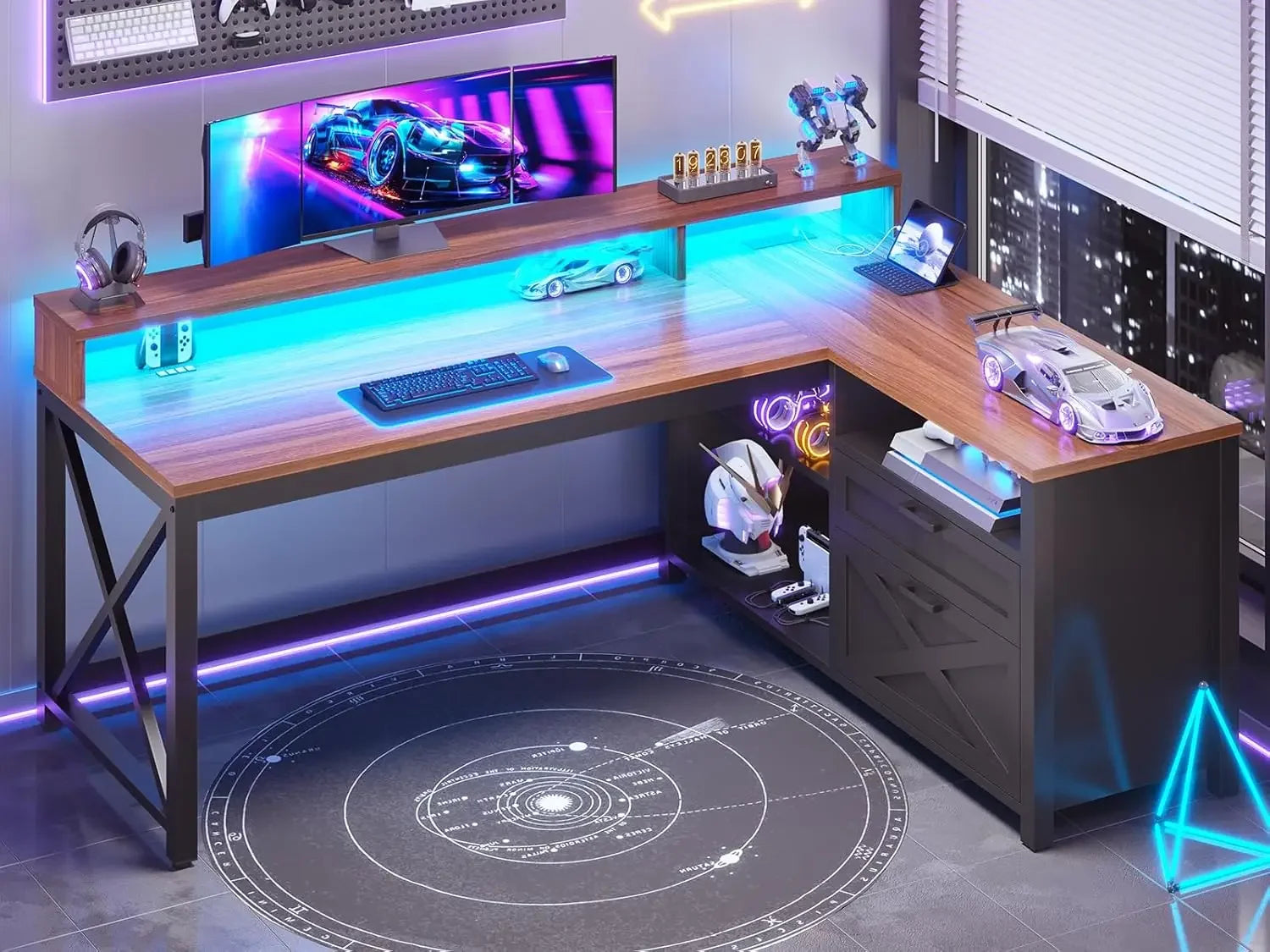 Farmhouse L Shaped 55" Desk with Drawers and Storage Shelves, and LED Lights