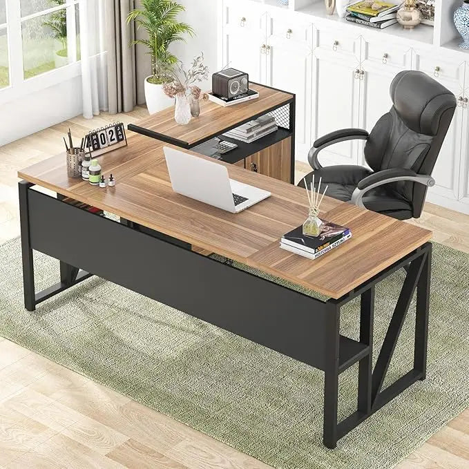 L Shaped Executive Computer Desk and lateral File Cabinet
