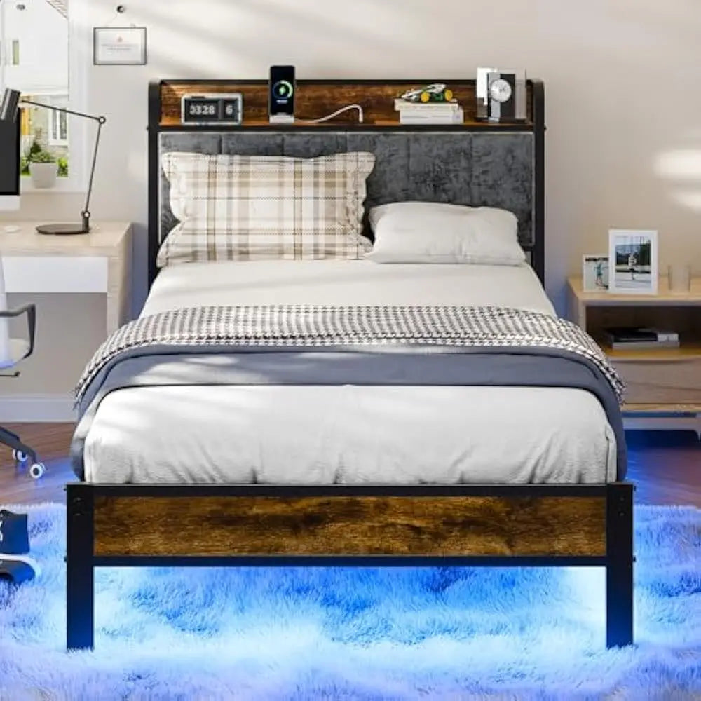 LED Queen size Bed Frame with Headboard, Metal Platform Bed with USB Charging Station, Easy Assembly, No Box Spring Needed