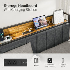 LED Queen size Bed Frame with Headboard, Metal Platform Bed with USB Charging Station, Easy Assembly, No Box Spring Needed