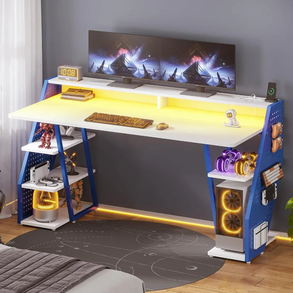 Gaming Table 55'' with LED Light and Storage Shelves, Computer Table with Monitor Stand, Power Outlets and Pegboard, White/Blue