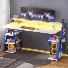 Gaming Table 55'' with LED Light and Storage Shelves, Computer Table with Monitor Stand, Power Outlets and Pegboard, White/Blue
