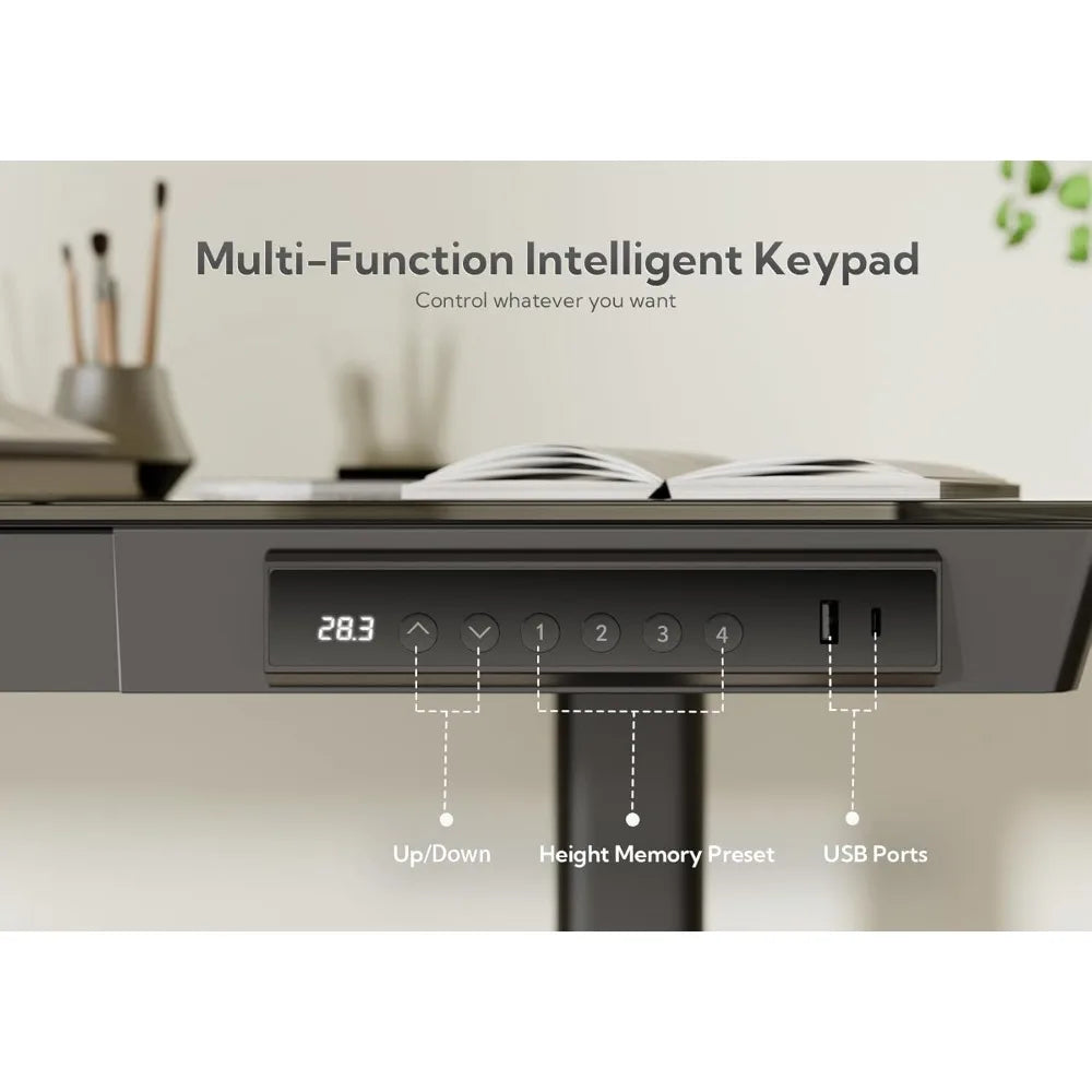 Glass Standing Desk with Drawers, 40 Inch Adjustable Stand Up Desk, Quick Install Home Office Computer Desk with USB Ports, Blac