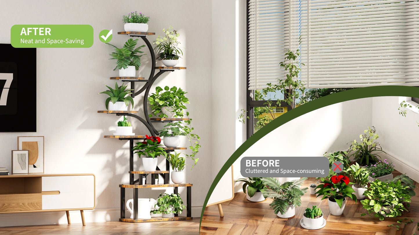 10-Tier Plant Stand with Grow Lights,S-Shaped Corner plant pack for Indoor Plants in Living Room,Garden,Patio,Deep Rustic Brown