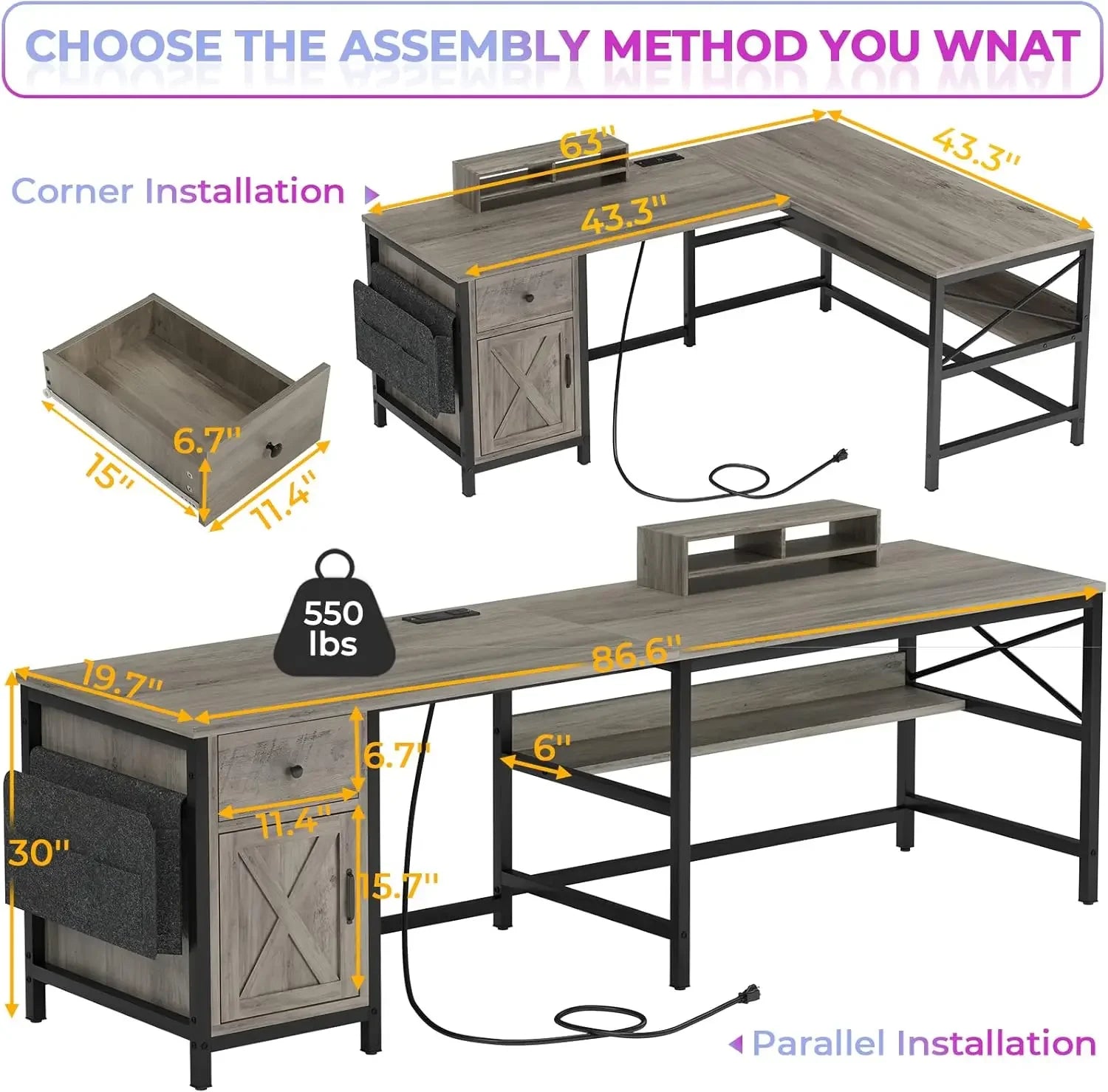 63" L Shaped Desk, Convertible 86.6" Home Office Desk or Corner Desk, Office Computer Desk with Drawer, Power Strip