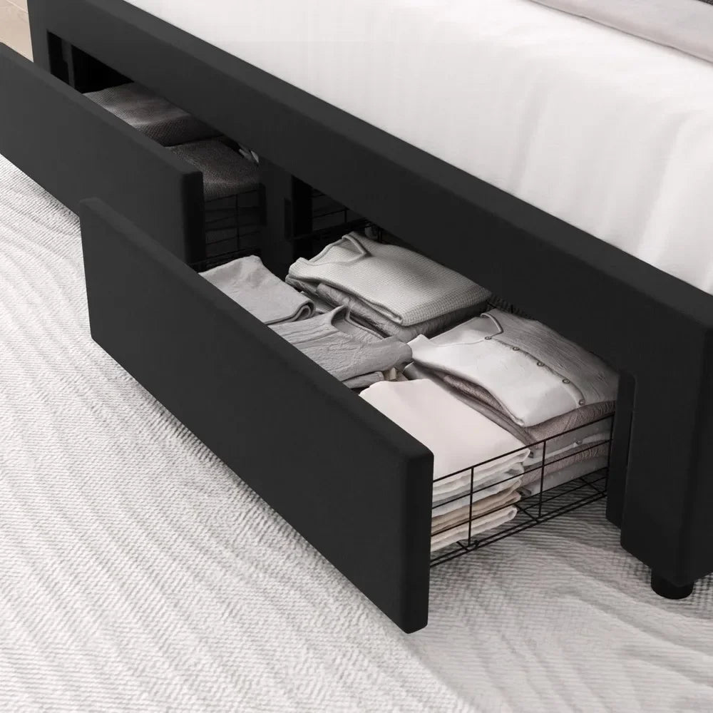 King Upholstered LED Bed Frame with 2 Storage Drawers, Velvet Platform Bed with Wingback Headboard, Solid Wooden Slats Support