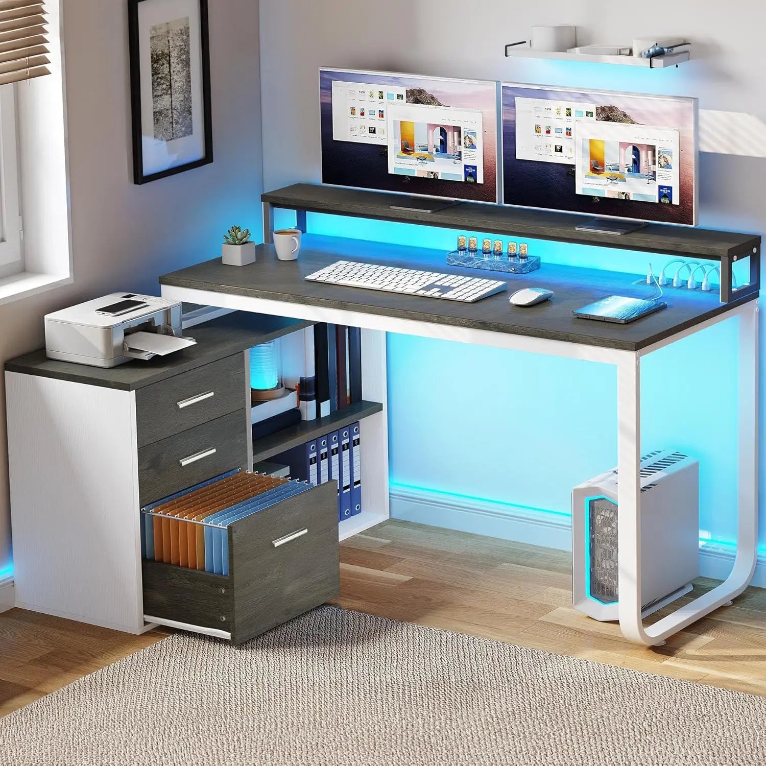 L Shaped Desk with Drawers, 55" Corner Computer Desk with Power Outlets, L-Shaped Desk with LED Lights & File Cabinet for Home O