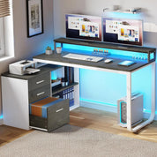 L Shaped Desk with Drawers, 55" Corner Computer Desk with Power Outlets, L-Shaped Desk with LED Lights & File Cabinet for Home O
