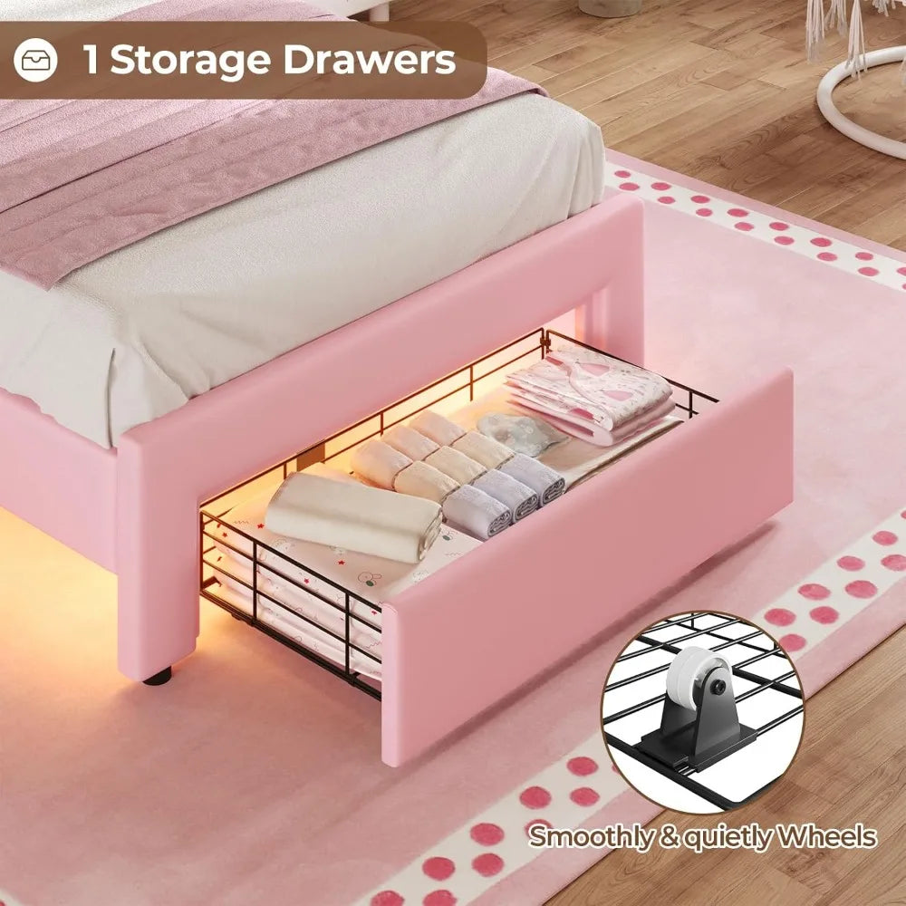 FurnishSpot Twin Size LED Upholstered Platform Bed for Girls, Adjustable Velvet Crystal Button Headboard with Storage Drawer