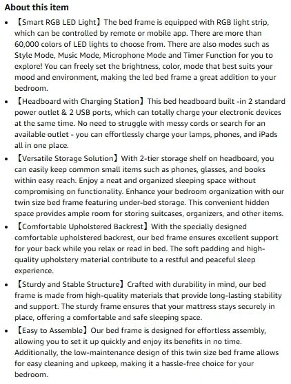 Full/Queen size bed frame with charging station, LED bed frame, headboard with frame, platform bed frame, soft cushion bed frame