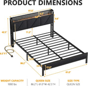 Queen Size Bed Frame with Headboard and LED Lights, Upholstered Bedframe with Charging Station and USB Port, Platform Metal