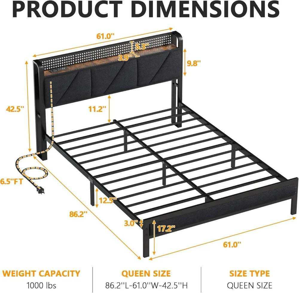 Queen Size Bed Frame with Headboard and LED Lights, Upholstered Bedframe with Charging Station and USB Port, Platform Metal