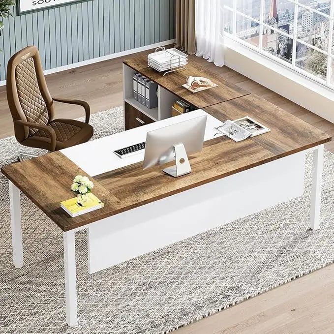 L Shaped Executive Computer Desk and lateral File Cabinet