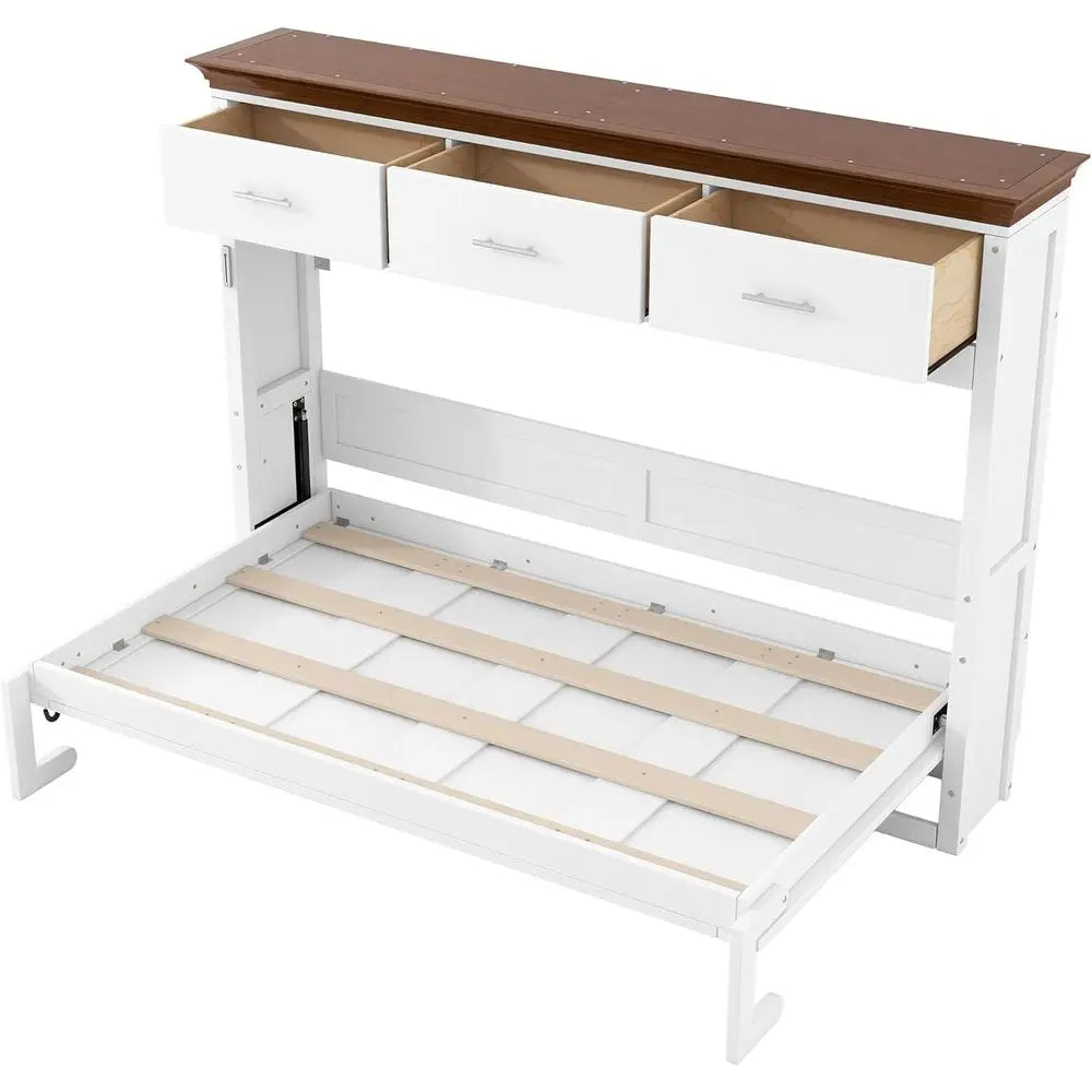 FurnishSpot™ Twin Size Horizontal Murphy Bed with Storage Drawers – Walnut Finish Foldable Wall Bed