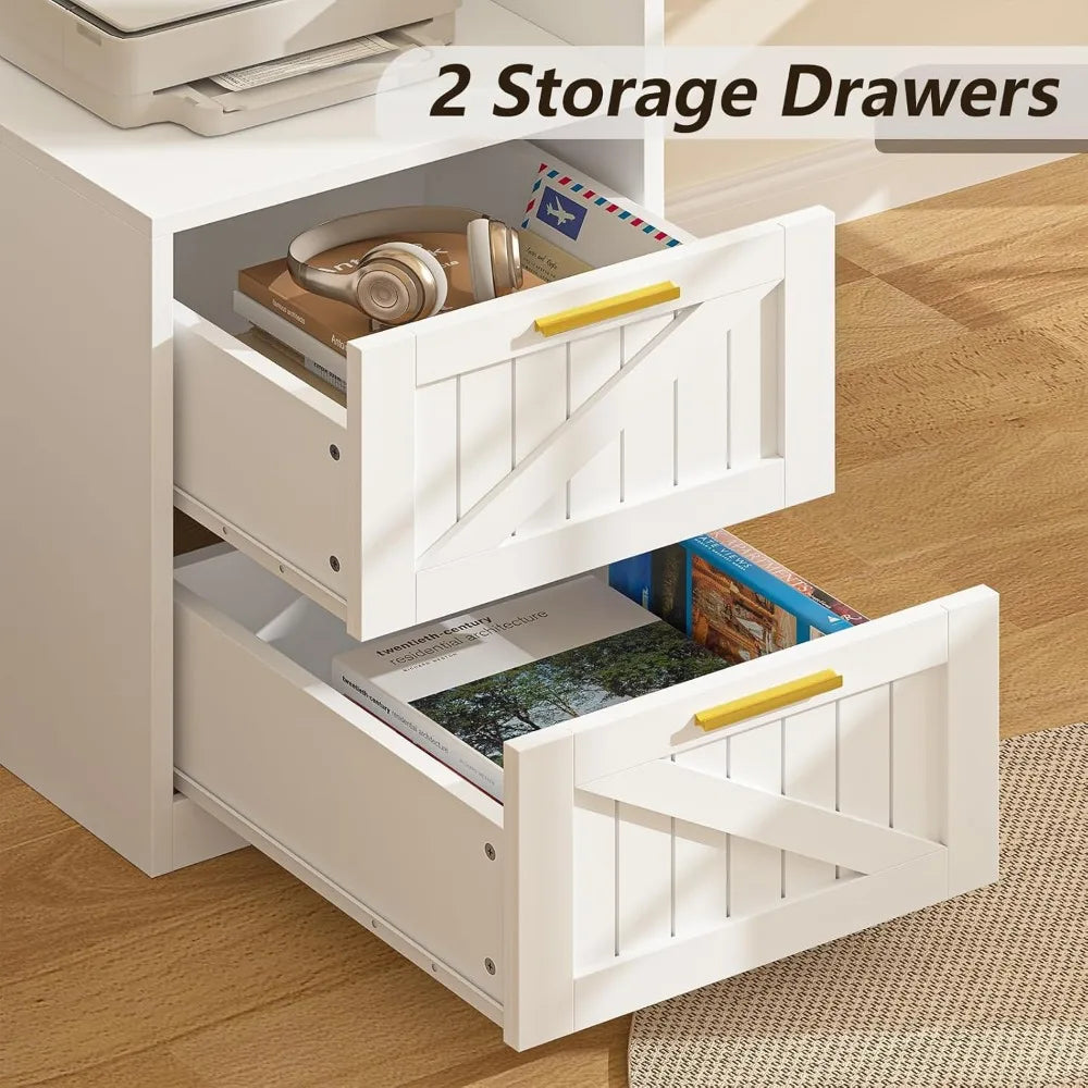 63" Farmhouse L Shaped Executive Desk with Drawers & Storage Shelf, Corner Computer Desk with Power Outlets, L Shaped Office Des