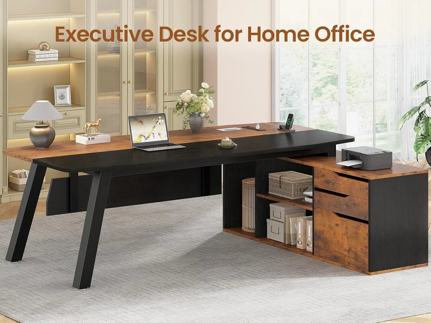 FurnishSpot® Executive L-Shaped Desk with File Drawer, Storage Cabinet & Built-In Charging Station