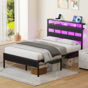 Satifur Full/Queen Size Bed Frame with LED Light and Charging Station, Wood Storage Headboard with 2-Tier Shelves,Metal Platform