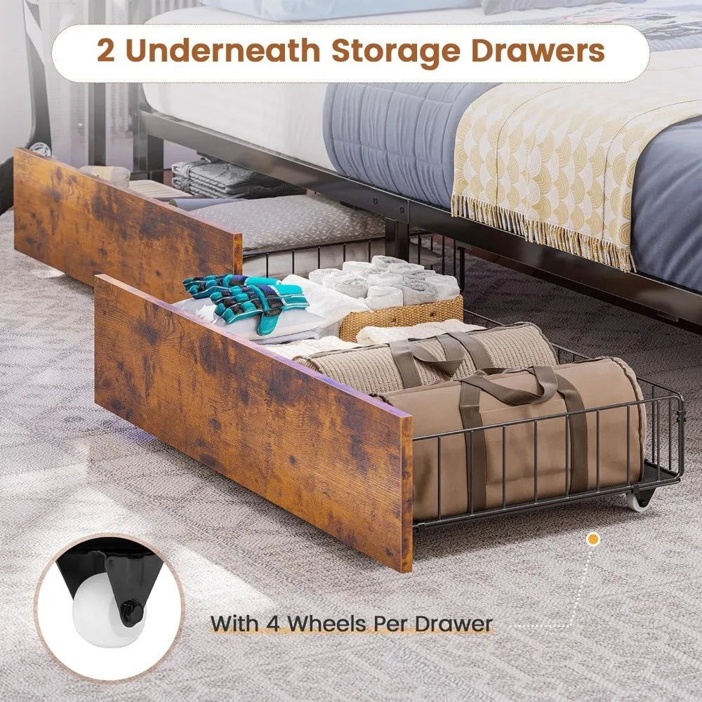 FurnishSpot Twin Corner Bed with Storage Drawers, Bookcase Headboard, LED Lights & Charging Station, Space-Saving Modern Kids Bed