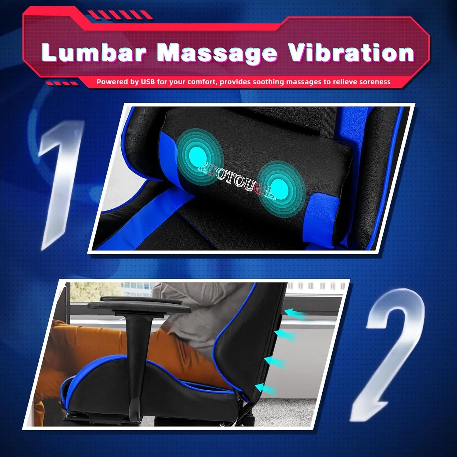 Gaming Chair w/ Footrest: Ergonomic PU Leather Recliner & Rocker, Massage Headrest/Lumbar (Blue)
